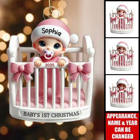 Baby inni sprinkelseng med 3D-effekt, babyens første julegave, personlig akryl-ornament